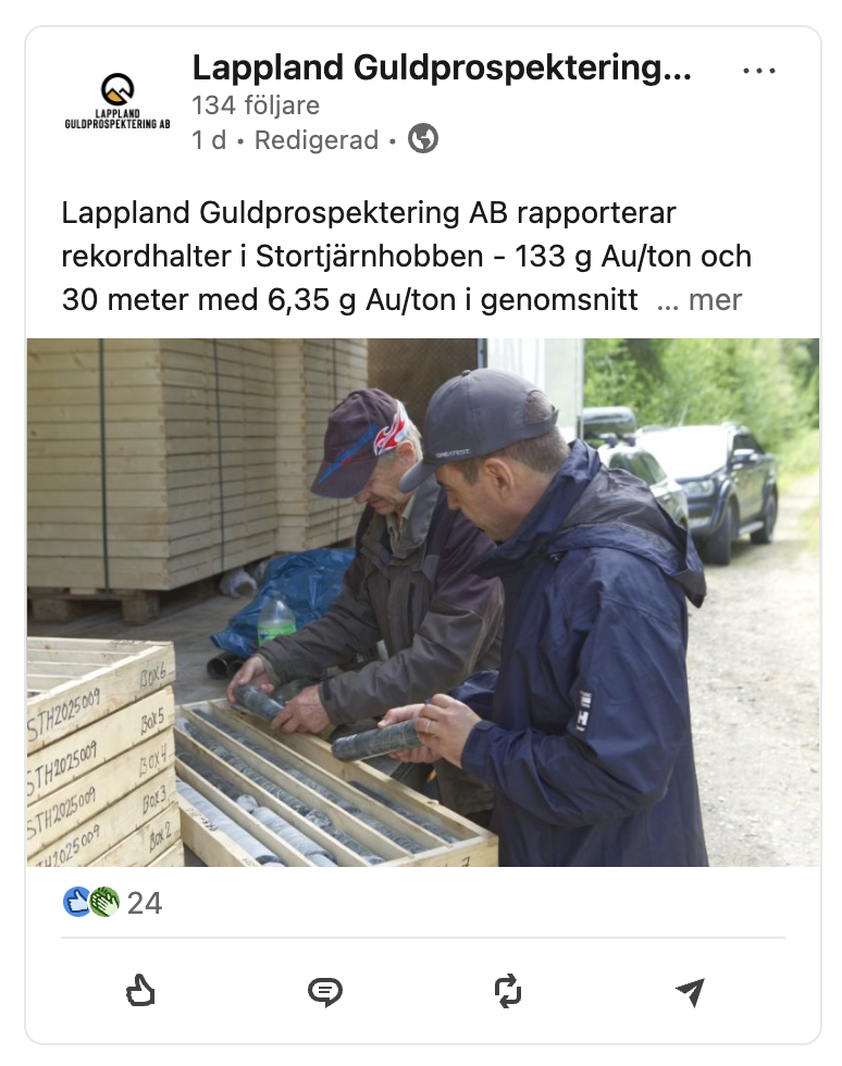 Bolaget delar med sig av de goda nyheterna genom en bild på borrpriverna på LinkedIn. (Foto: Lappland guldprospektering)