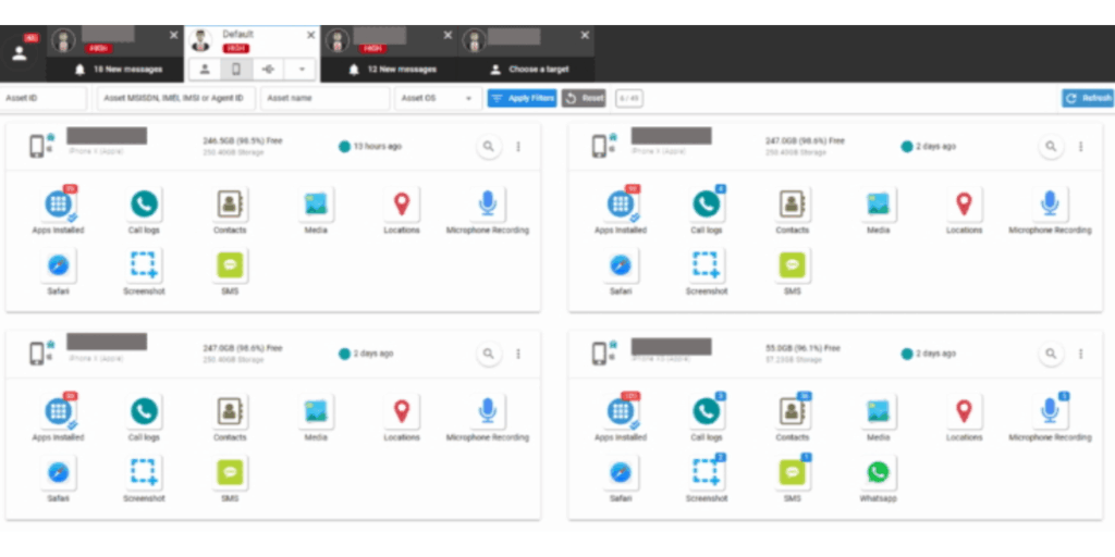 En skärmdump av kontrollpanelen i ett övervakningssystem för en Intellexa-kund, som visar vilka typer av känsliga personuppgifter från hackade mål som både kunden och Intellexas supportpersonal kan ha åtkomst till. (Foto: Amnesty)